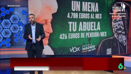 Dani Mateo 'desvela' que a Vox se les da fatal "el dinero": "Calculan igual de mal sus cuentas que la pensión de la abuela" El colaborador expone que el partido de ultraderecha parece que ha olvidado "qué banco les ha prestado más de nueve millones para su última campaña de municipales y regionales".