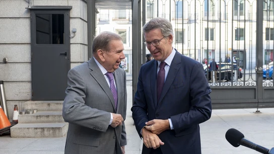 Edmundo González (i) y Alberto Núñez Feijóo (d), a su llegada a una reunión, en el Congreso de los Diputados Edmundo González (i) y Alberto Núñez Feijóo (d), a su llegada a una reunión, en el Congreso de los Diputados