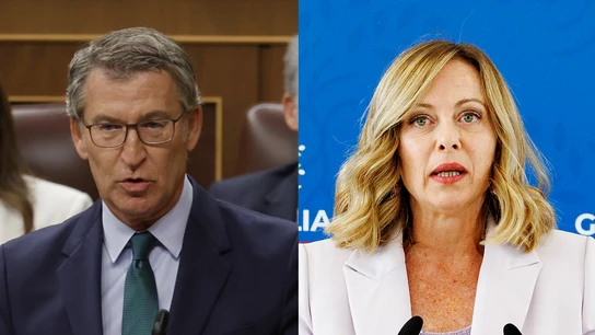 El líder del Partido Popular (PP), Alberto Núñez Feijóo, y la primera ministra italiana, Giorgia Meloni. El líder del Partido Popular (PP), Alberto Núñez Feijóo, y la primera ministra italiana, Giorgia Meloni.
