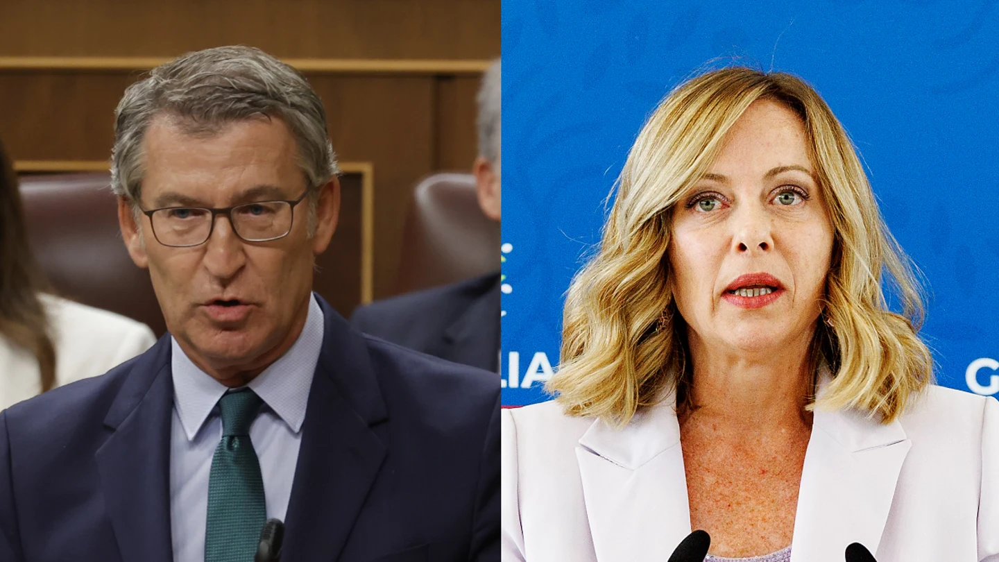 El líder del Partido Popular (PP), Alberto Núñez Feijóo, y la primera ministra italiana, Giorgia Meloni. El líder del Partido Popular (PP), Alberto Núñez Feijóo, y la primera ministra italiana, Giorgia Meloni.