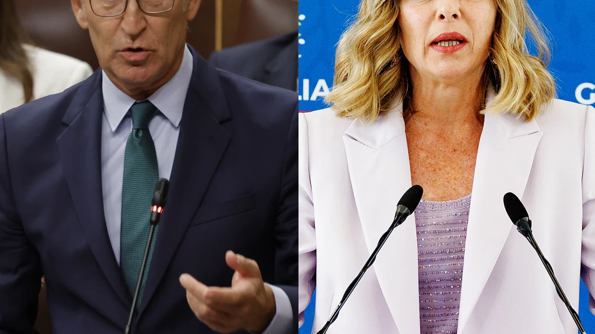 El líder del Partido Popular (PP), Alberto Núñez Feijóo, y la primera ministra italiana, Giorgia Meloni.