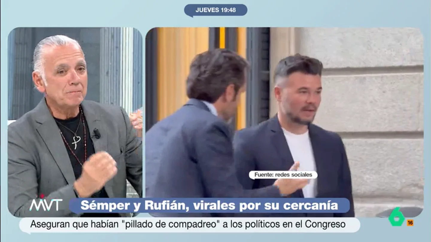 Juan Ramón Lucas opina sobre la charla entre Rufián y Sémper "Que un alto cargo del PP y el portavoz de la izquierda independentista puedan hacer unas risas y comentar lo que quieran es ejemplar", comenta Juan Ramón Lucas sobre la polémica en redes sociales por la charla entre Rufián y Sémper en el Congreso.