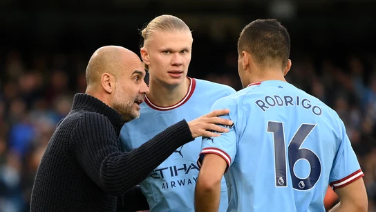 Pep Guardiola, Erling Haaland y Rodri Pep Guardiola, Erling Haaland y Rodri