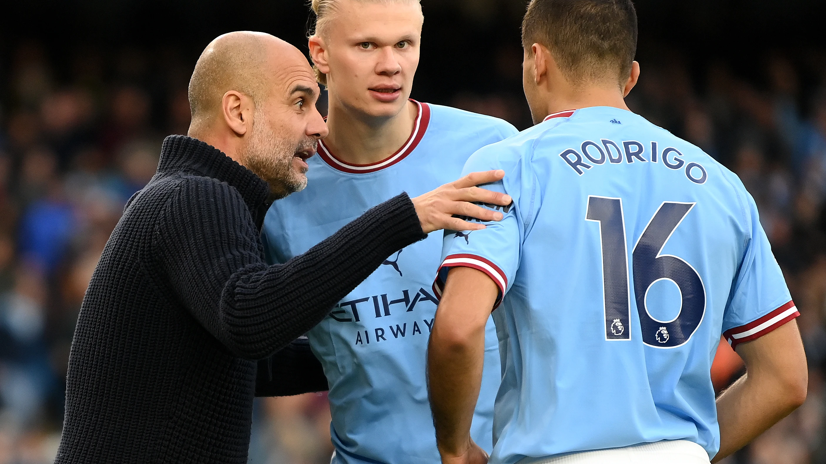 Pep Guardiola, Erling Haaland y Rodri