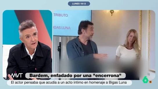 Ramoncín apoya a Javier Bardem tras su enfado por una "encerrona" Javier Bardem calificaba de "encerrona" un homenaje a Bigas Luna que creía que sería íntimo y al final se había convocado a los medios: "Esto pasa mucho. Te venden una cosa y cuando llegas no tiene nada que ver", comenta Ramoncín en este vídeo.