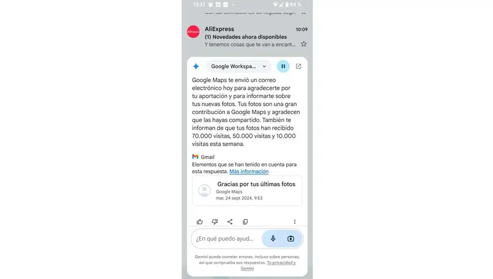 Gemini resumiendo uno de los correos electrónicos Gemini resumiendo uno de los correos electrónicos