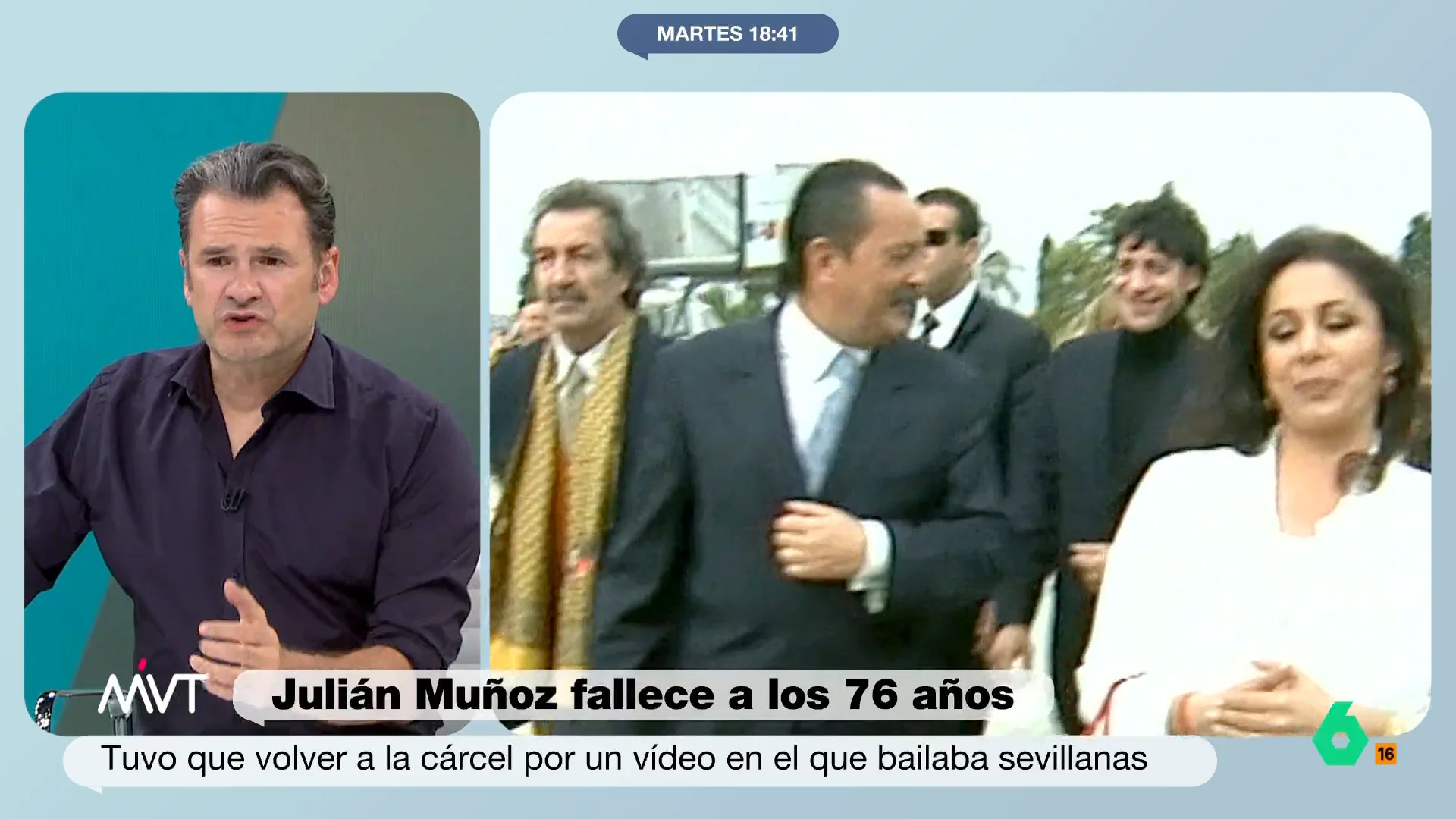 Iñaki López reacciona en este vídeo al momento de Julián Muñoz en el que, cuando estaba fuera de la cárcel por motivos de salud, le pillaron bailando sevillanas de madrugada. Al decretarse su ingreso en prisión, pidió disculpas.