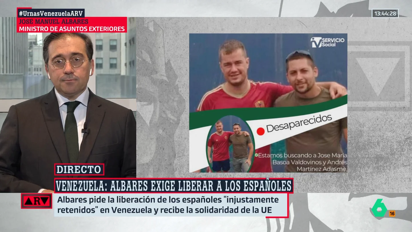 Albares pide liberar a los españoles "injustamente" detenidos en Venezuela: "Exijo saber de qué se les acusa" Albares pide liberar a los españoles "injustamente" detenidos en Venezuela: "Exijo saber de qué se les acusa"