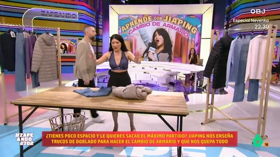 Abrigos, pijamas o jerséis: Jiaping muestra cómo doblar la ropa para que ocupe el mínimo espacio ¿Cuál es la mejor manera de doblar la ropa? La zapeadora visita el programa para dar varios consejos y conseguir optimizar al máximo el espacio. No te los pierdas en el vídeo principal.