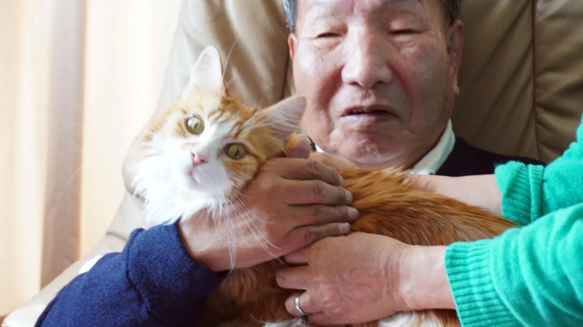 Iwao Hakamada junto a su gato en su casa