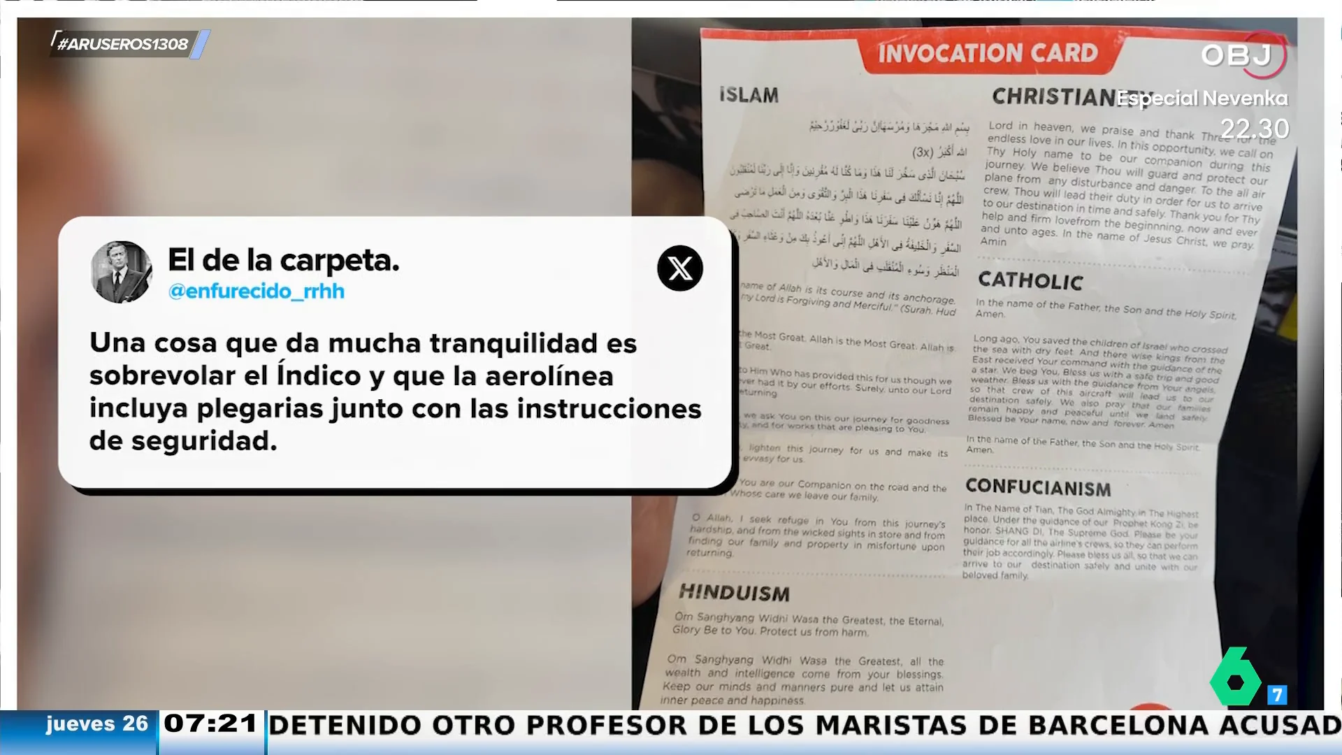 Una aerolínea sorprende a sus pasajeros dejándoles en su asiento una hoja con plegarias por si pasa algo