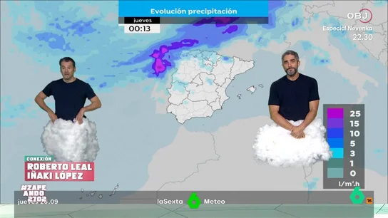 Dani Mateo alucina al ver el look meteorológico de Iñaki López y Roberto Leal: "Hostia..." Los presentadores han tenido que cumplir su castigo por perder el resto en su programa 'López y Leal contra el canal' y el look que han escogido para llevarlo a cabo da que hablar.