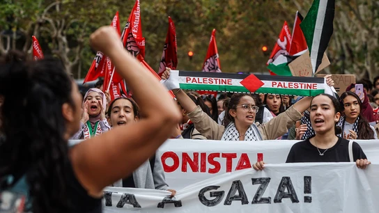 Estudiantes con pancartas se reúnen durante una concentración en defensa del pueblo palestino, a 26 de octubre de 2023, en Valencia, Comunidad Valenciana (España). Estudiantes con pancartas se reúnen durante una concentración en defensa del pueblo palestino, a 26 de octubre de 2023, en Valencia, Comunidad Valenciana (España).
