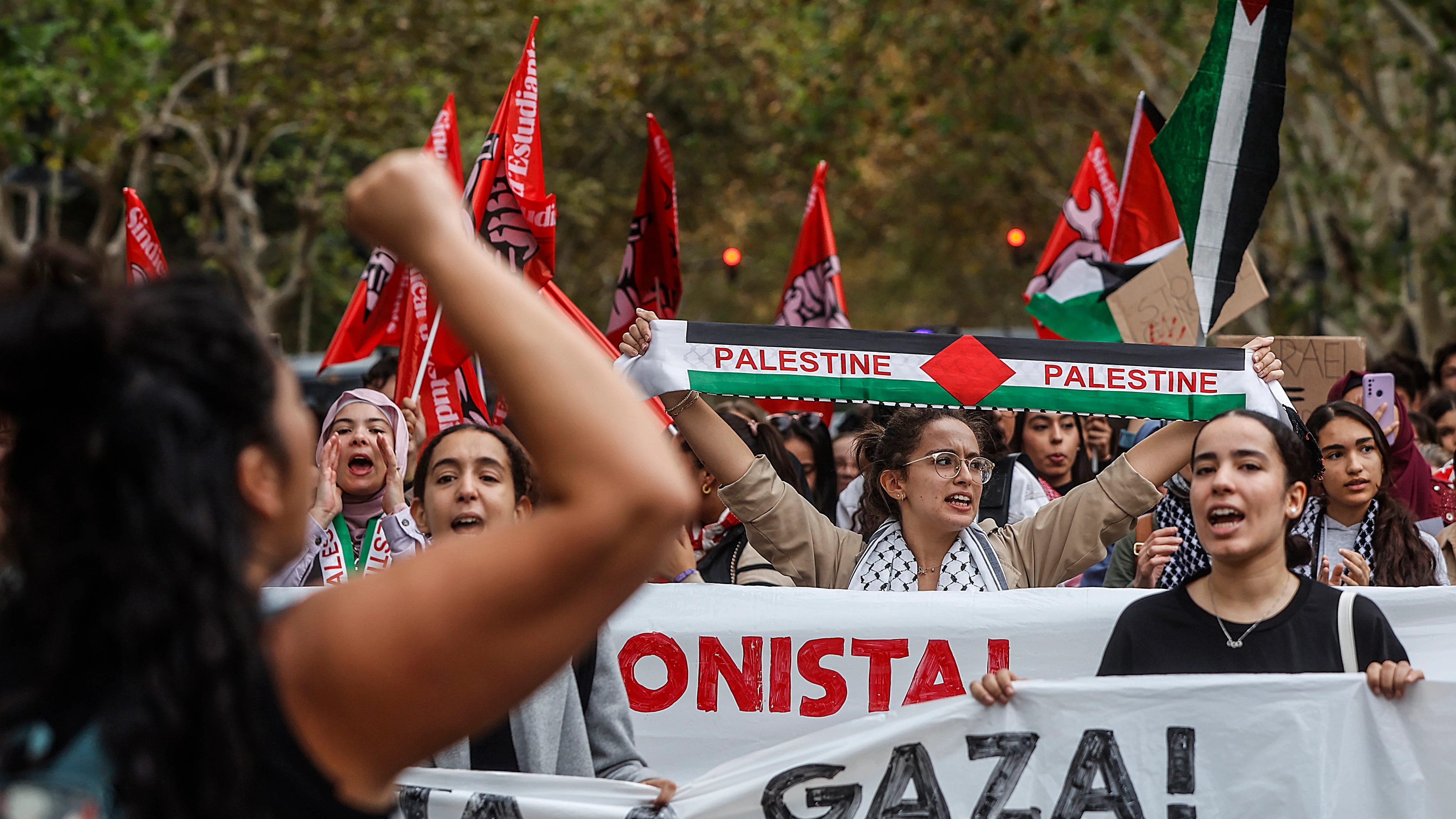 Estudiantes con pancartas se reúnen durante una concentración en defensa del pueblo palestino, a 26 de octubre de 2023, en Valencia, Comunidad Valenciana (España). 