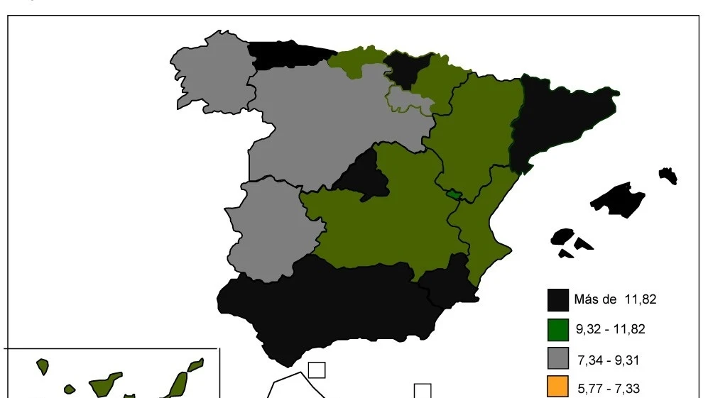 Tasa de abortos por mil mujeres de 15 a 44 años según CCAA.