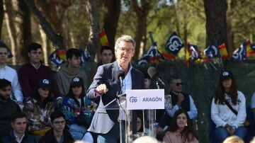 El presidente del Partido Popular, Alberto Núñez, interviene durante el acto del Día del Afiliado del PP de Aragón