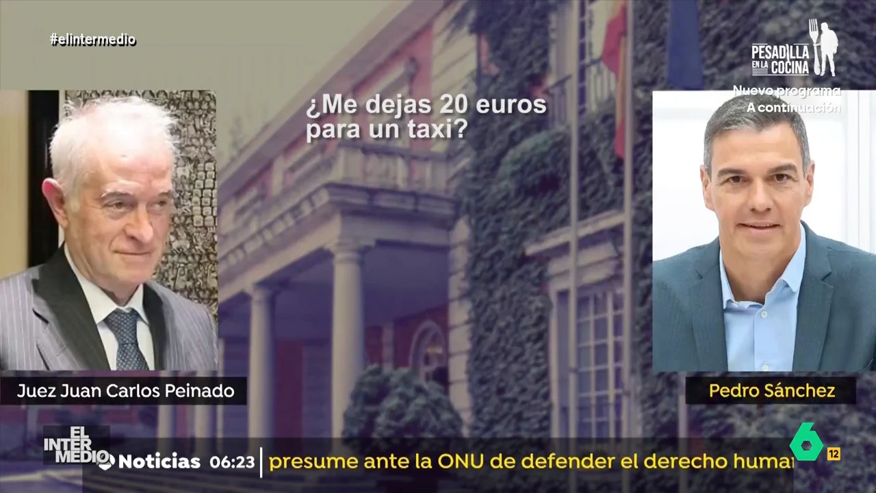 En este montaje de El Intermedio, el juez Peinado cuestiona a Pedro Sánchez sobre los candelabros de Moncloa y le propone tomarse un café algún día. "Me acojo a mi derecho a no declarar", le responde el presidente del Gobierno en este vídeo.