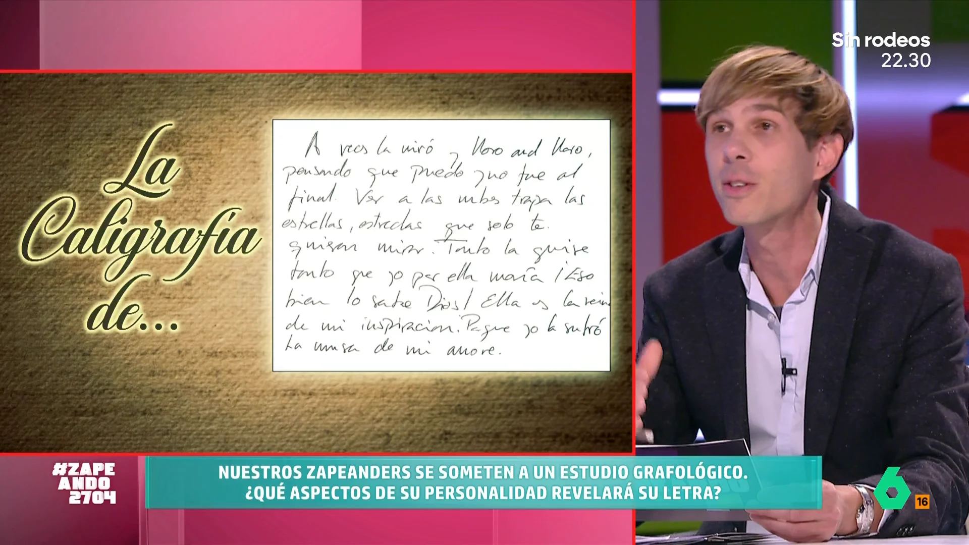 El zapeador se somete a un análisis grafológico para descubrir cómo es su personalidad gracias a su caligrafía. No te pierdas las conclusiones de Carlos Rodríguez en el vídeo principal. 