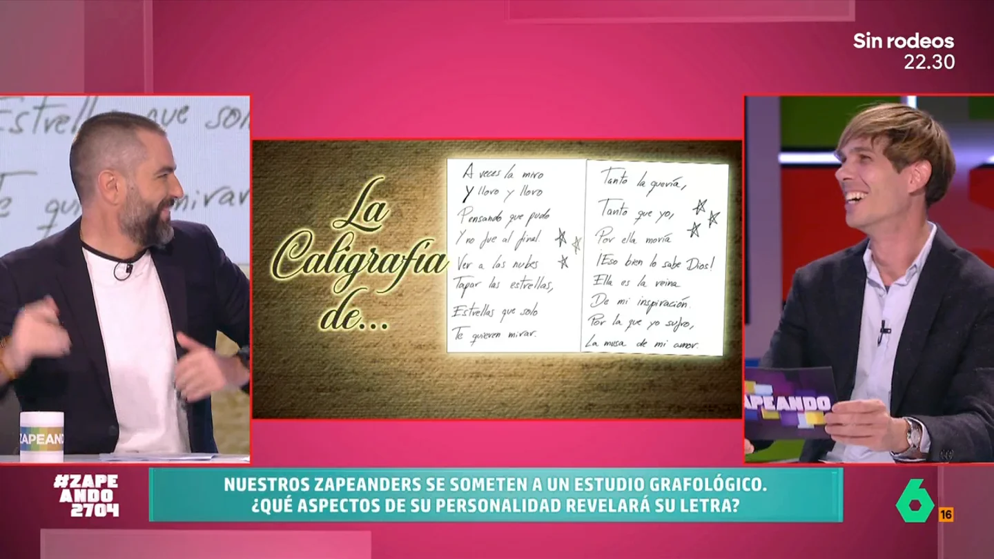 Creativo, orgulloso, irónico o protector: un grafólogo cuenta cómo es Dani Mateo según su caligrafía Carlos Rodríguez ha analizado un texto escrito por el presentador de Zapeando para descubrir los rasgos más característicos de la personalidad de Dani Mateo. No te pierdas su análisis en el vídeo principal.