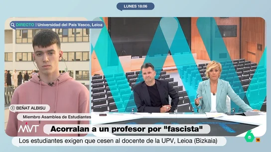 Cristina Pardo, a un estudiante de la Universidad del País Vasco: "¿Quiénes sois vosotros para retener a alguien?" Cristina Pardo e Iñaki López entrevistan a Beñat Albisu, de la Asamblea de Estudiantes de la Universidad del País Vasco, sobre su protesta que terminó reteniendo a un profesor durante dos horas por sus tuits machistas, homófobos y racistas.