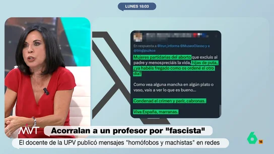 Beatriz de Vicente explica qué es un delito de odio: "P****, zorras, marranas, mari*****" es una injuria despenalizada" Beatriz de Vicente analiza el caso del profesor retenido en la Universidad del País Vasco por sus tuits machistas, homófobos y racistas: "Tristísima, draconiana, que habla de una mente obtusa y pasada de moda, pero no es un delito de odio", explica.