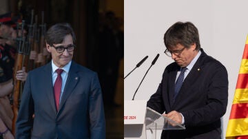 Salvador Illa y Carles Puigdemont, en sendas imágenes del día de la investidura