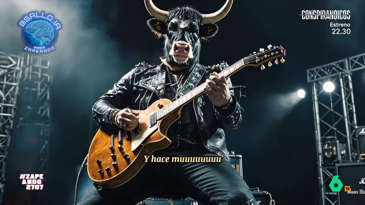 Álex Ferrer vuelve a hacer virguerías con la inteligencia artificial y en este vídeo de Zapeando convierte la canción infantil 'La Vaca Lola' en un himno 'heavy' lleno de chupas de cuero, guitarras y el Dani Mateo más macarra como cantante.