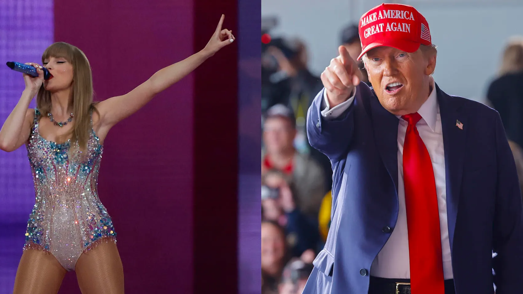 La cantante estadounidense Taylor Swift (i) y el expresidente de los Estados Unidos Donald Trump.
