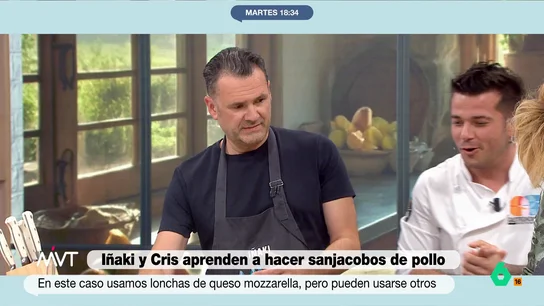 Iñaki López asegura que "es el primer sanjacobo de régimen que hago" Iñaki López y Cristina Pardo cocinan con Carlos Maldonado unos sanjacobos de pollo. En este vídeo, el presentador cuestiona los ingredientes, si bien admite al chef con estrella Michelin que este es el primer sanjacobo que hace en su vida.