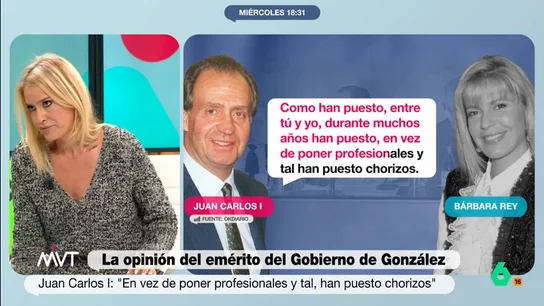 Afra Blanco: "Sorprende que un comisionista con cuentas en paraísos fiscales como el rey Juan Carlos hable de corrupción" "Un señor que ha dicho: 'Me voy a que me ayuden los de Abu Dabi' y de repente crea fundaciones para la herencia de sus hijas", reacciona Afra Blanco tras oír los nuevos audios de Juan Carlos I hablando de políticos "chorizos" con Bárbara Rey.