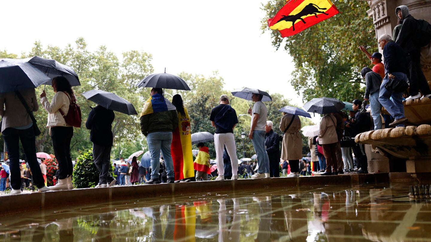 Decenas de de asistentes se protegen de la lluvia durante el desfile del Día de la Fiesta Nacional por el Paseo del Prado de Madrid. 