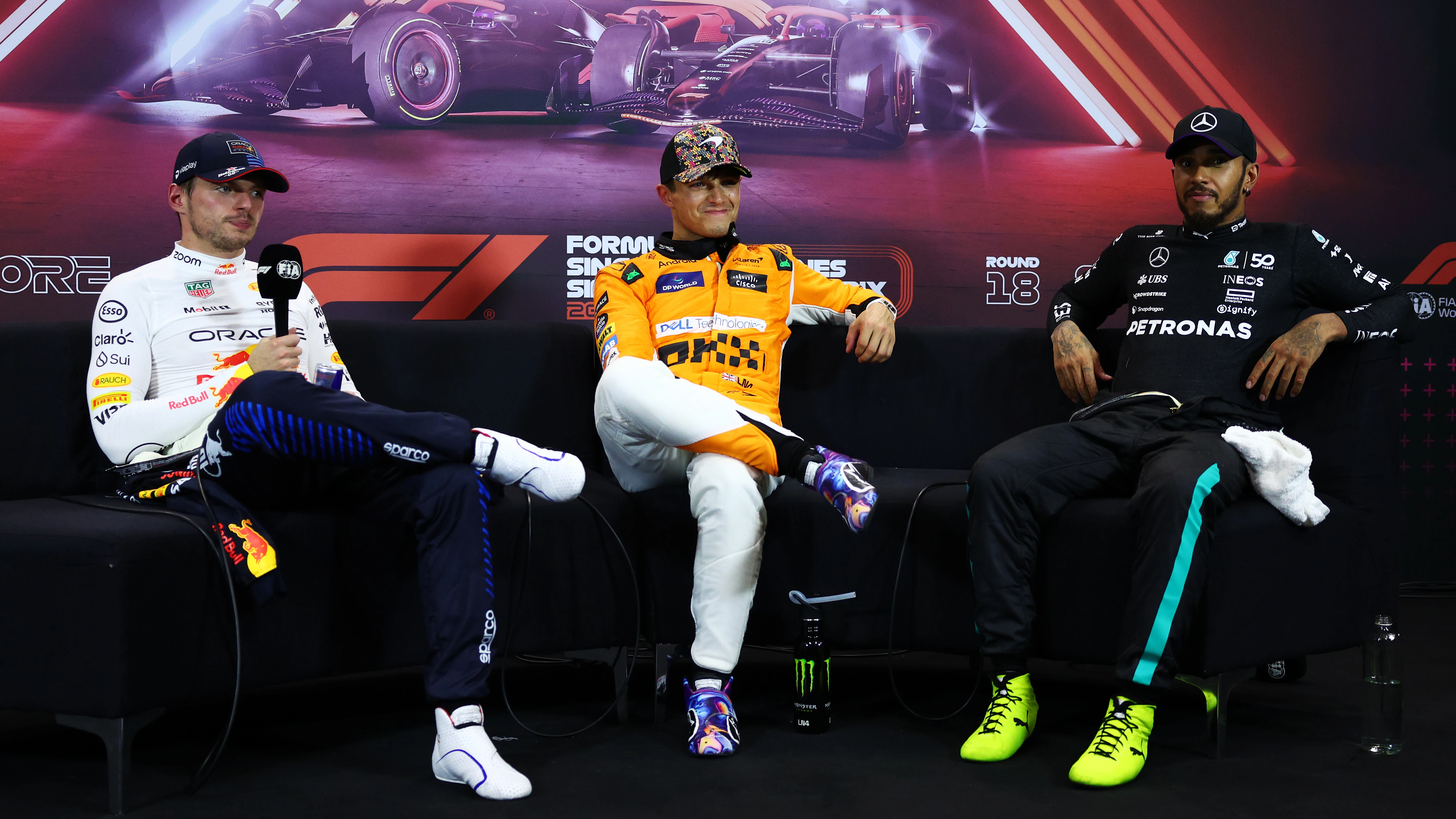 Max Verstappen, Lando Norris y Lewis Hamilton