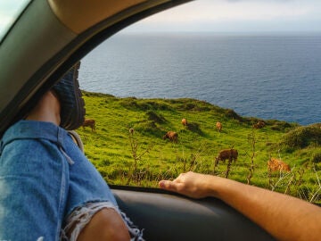 Chico viajando en coche por el norte de España