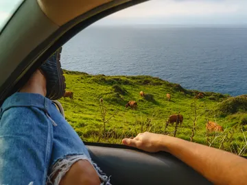 Chico viajando en coche por el norte de España Chico viajando en coche por el norte de España