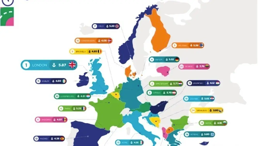Mapa con las ciudades con el transporte más verde de Europa Mapa con las ciudades con el transporte más verde de Europa