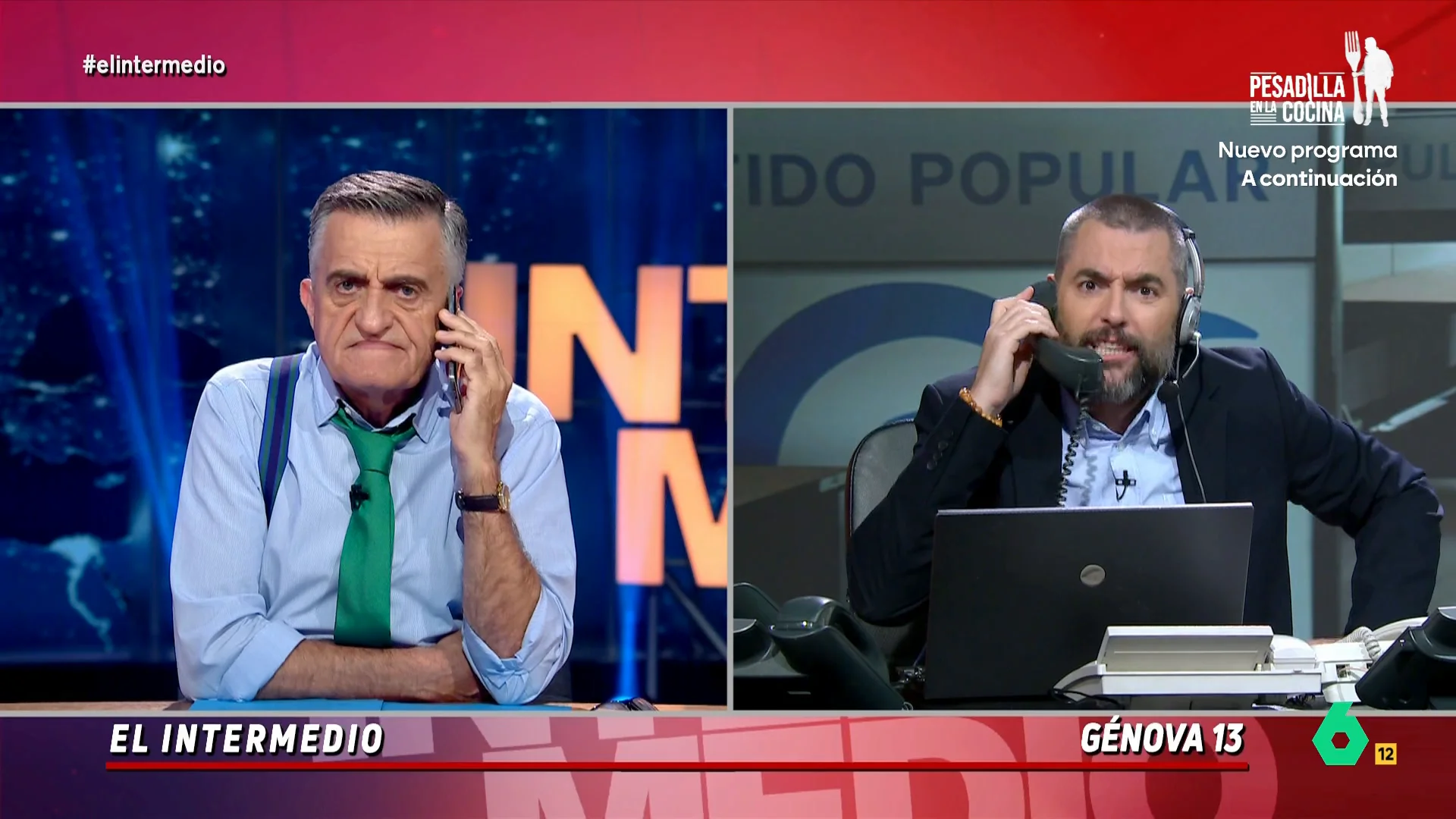 El presentador decide llamar al call center del Partido Popular para ver si es verdad que están recibiendo constantes llamadas con informaciones comprometedoras sobre el Partido Socialista. 