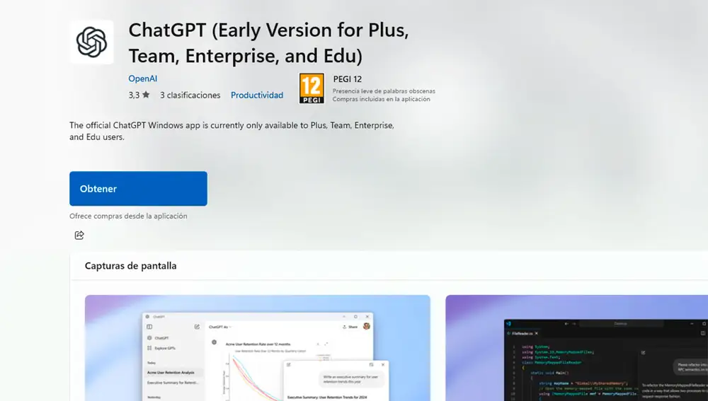 La app de ChatGPT en la Microsoft Store La app de ChatGPT en la Microsoft Store