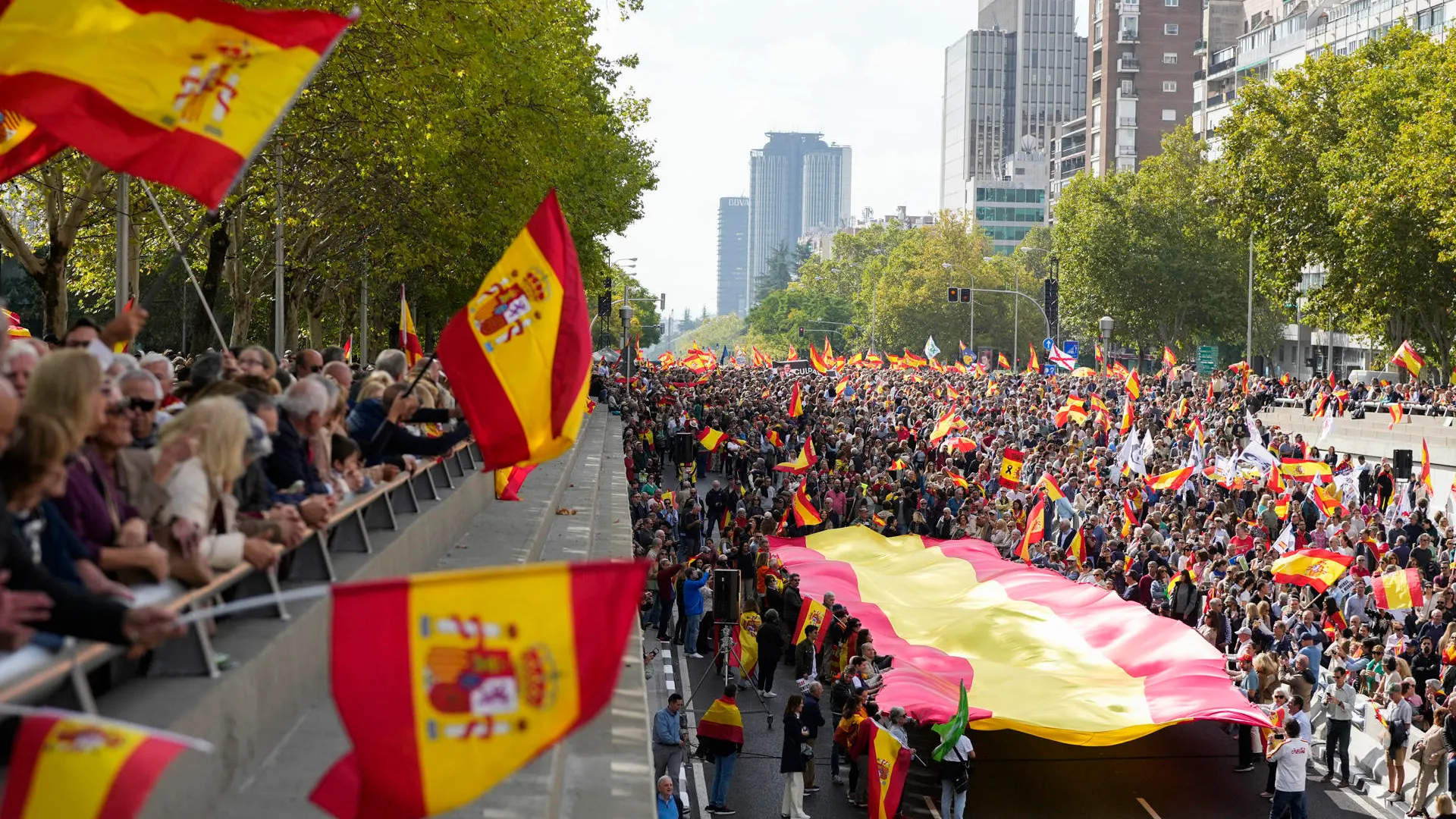 Vista de la manifestación convocada por la Plataforma por la España Constitucional para pedir elecciones ya "por la unidad, la dignidad, la ley y la libertad" y que ha salido este domingo desde la Plaza de Castilla en Madrid. 