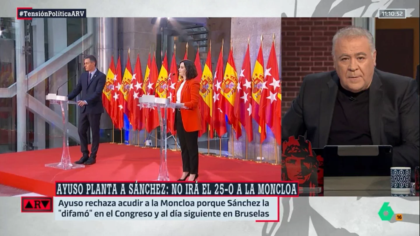 Ferreras, tras el plantón de Ayuso a Sánchez: "No puede hacerse la ofendida, le ha llamado dictador durante meses" Ferreras, tras el plantón de Ayuso a Sánchez: "No puede hacerse la ofendida, le ha llamado dictador durante meses"