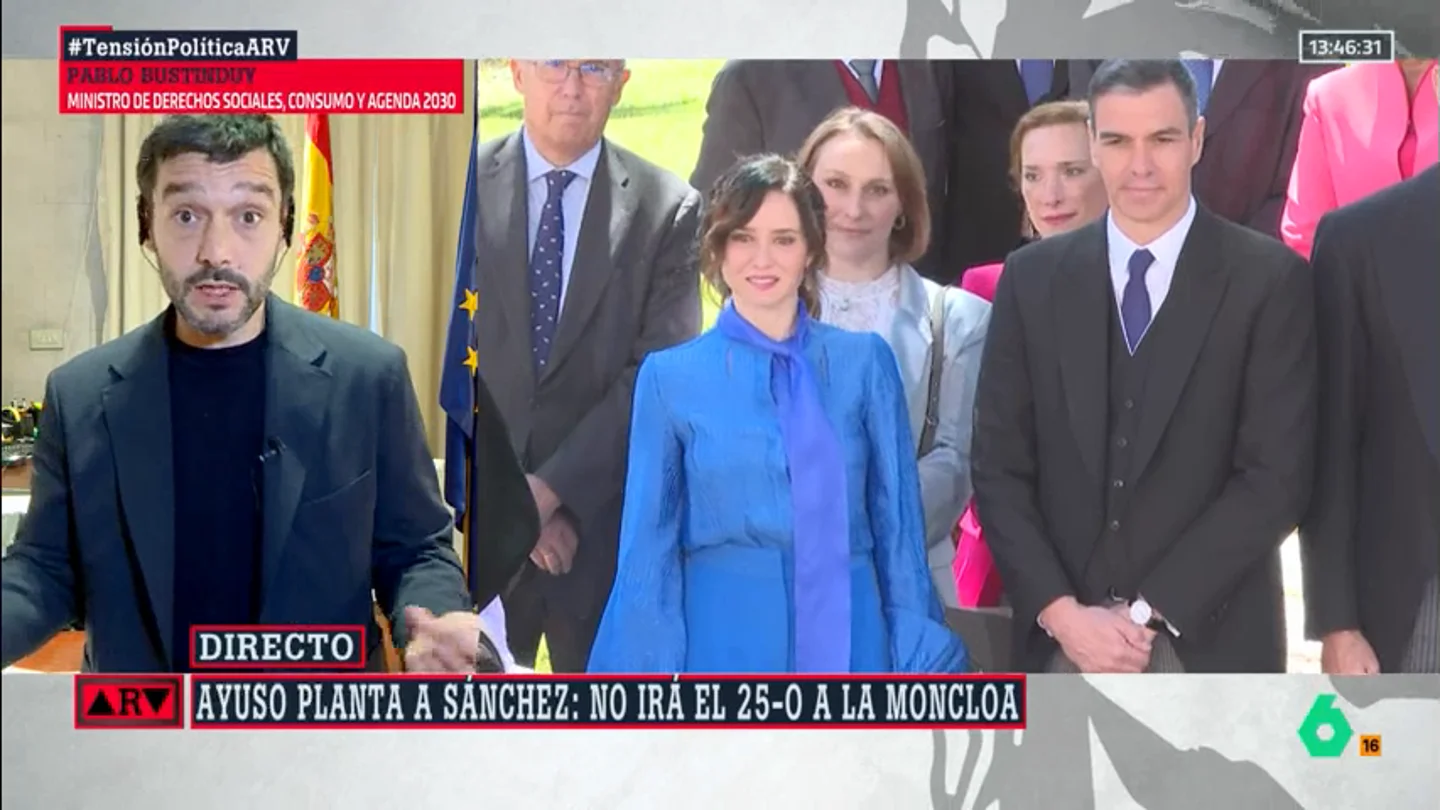 ARV-Bustinduy acusa a Ayuso de "generar ruido" tras su plantón a Sánchez: "A quien no beneficia esta decisión es a los madrileños" ARV-Bustinduy acusa a Ayuso de "generar ruido" tras su plantón a Sánchez: "A quien no beneficia esta decisión es a los madrileños"