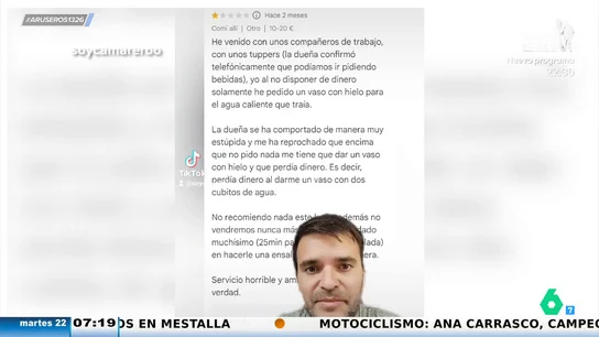 Un hombre critica a un restaurante por no ponerle un vaso con hielo para echar el agua que trae de casa Un hombre critica a un restaurante por no ponerle un vaso con hielo para echar el agua que trae de casa