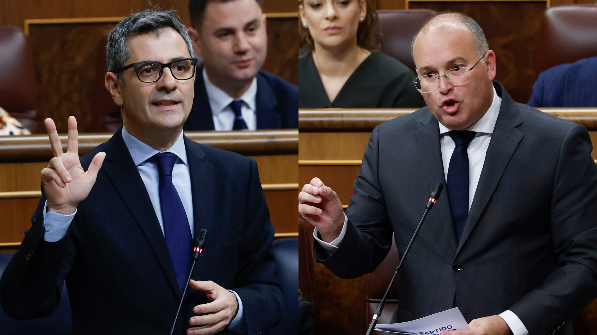 El ministro de Presidencia, Félix Bolaños, y el portavoz del PP, Miguel Tellado, en el Congreso de los Diputados