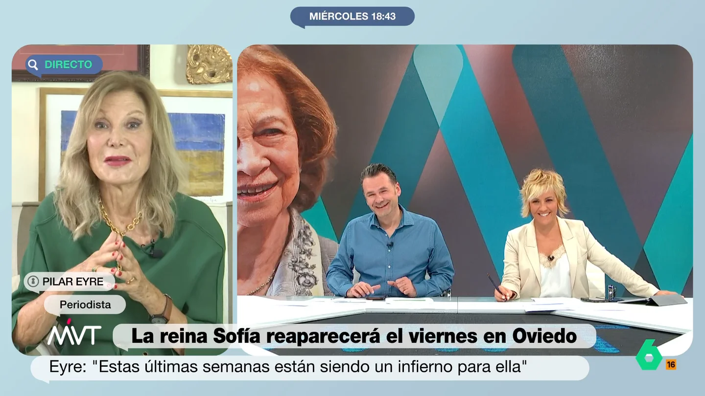 Pilar Eyre detiene su análisis de la reina Sofía para hacer un cumplido a Cristina Pardo: "Te queda muy mono el peinado" "Es difícil, porque es un peinado difícil, pero a ti te queda muy mono", comenta Pilar Eyre a Cristina Pardo en este vídeo donde la periodista detiene su exposición sobre la situación de reina Sofía para hacer un cumplido a la presentadora.