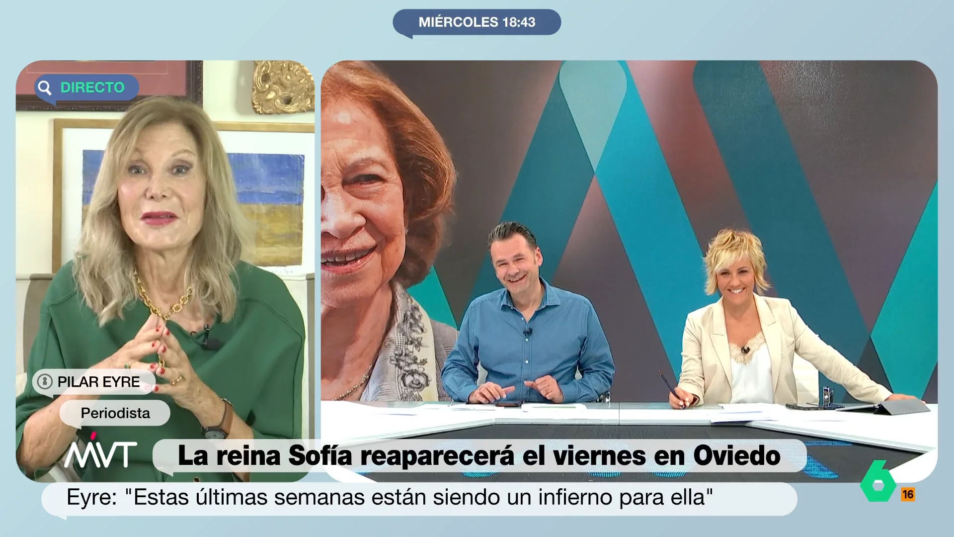 "Es difícil, porque es un peinado difícil, pero a ti te queda muy mono", comenta Pilar Eyre a Cristina Pardo en este vídeo donde la periodista detiene su exposición sobre la situación de reina Sofía para hacer un cumplido a la presentadora.