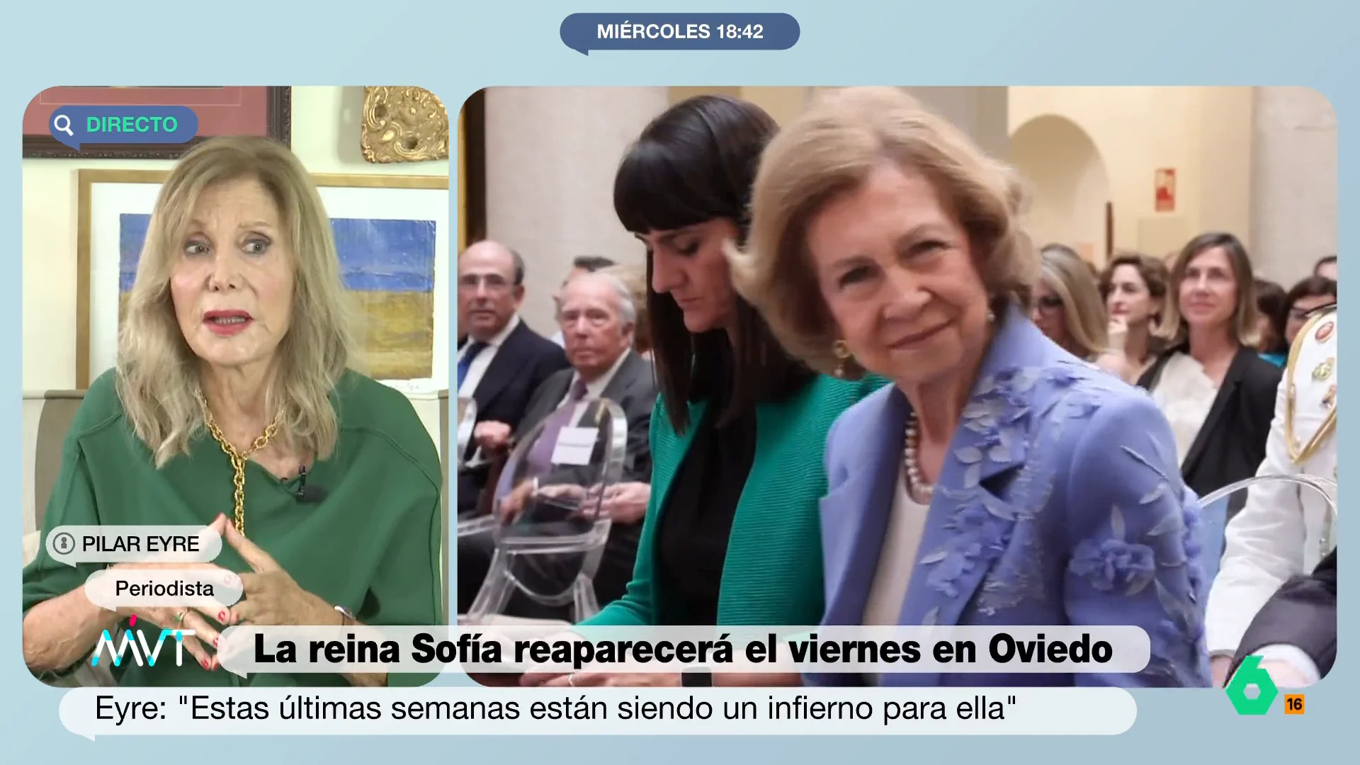 Pilar Eyre explica en este vídeo que "estas semanas están siendo un infierno para la reina Sofía", tras publicarse los audios del rey Juan Carlos y Bárbara Rey, y recuerda cómo vivía la reina emérita nada más casarse las infidelidades del rey.