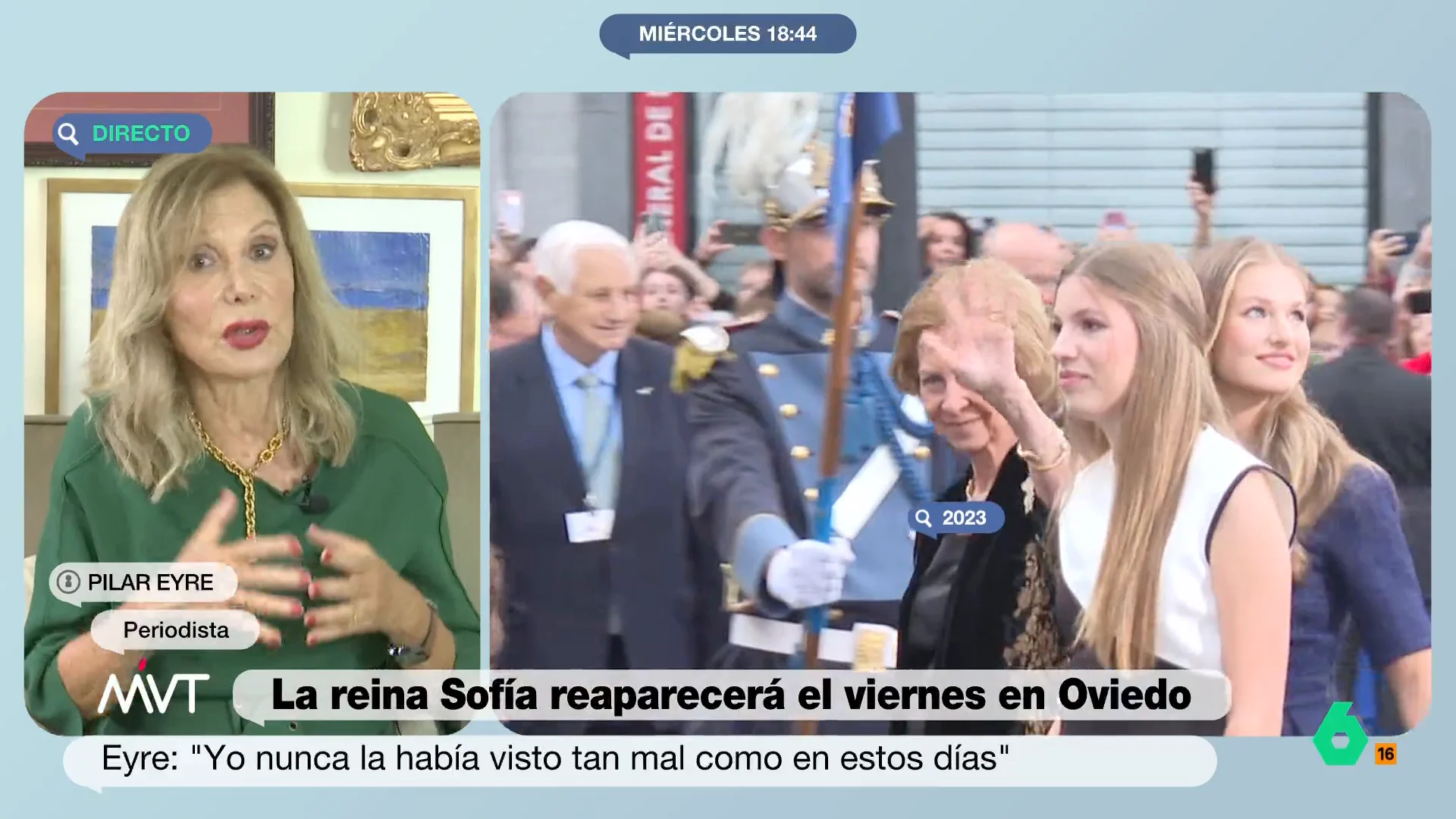 Pilar Eyre analiza en Más Vale Tarde cómo es la relación entre la reina Sofía y la familia real. En este sentido, señala que "prácticamente no ve" a la princesa Leonor y la infanta Sofía y que la familia real "de unida no tiene nada".