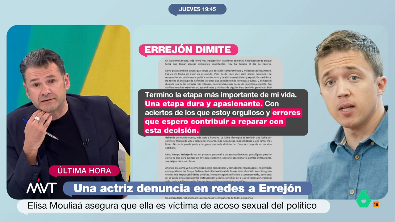 Iñaki López, sobre el comunicado de Errejón: "Echarle la culpa al patriarcado es cuanto menos reduccionista"