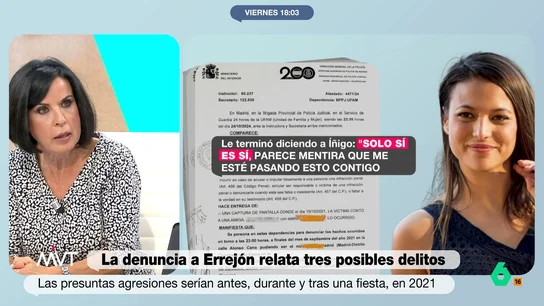 Bea de Vicente detalla cómo valorará el juez la denuncia contra Errejón: "El tiempo que ha pasado, los comportamientos y las conversaciones posteriores" Bea de Vicente detalla cómo valorará el juez la denuncia contra Errejón: "El tiempo que ha pasado, los comportamientos y las conversaciones posteriores"