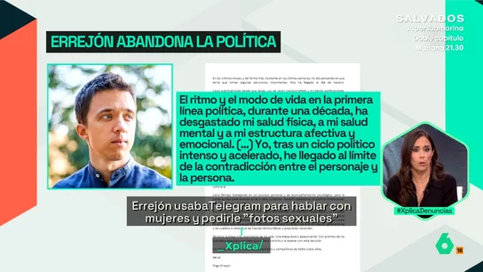 XPLICA Pilar Velasco: "La carta de dimisión de Errejón es infame no solo porque es una mentira, sino porque sabía que iba a salir una mujer detrás de otra" XPLICA Pilar Velasco: "La carta de dimisión de Errejón es infame no solo porque es una mentira, sino porque sabía que iba a salir una mujer detrás de otra"