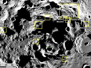 Imagen de las nueve regiones de aterrizaje candidatas para la misión Artemis III de la NASA